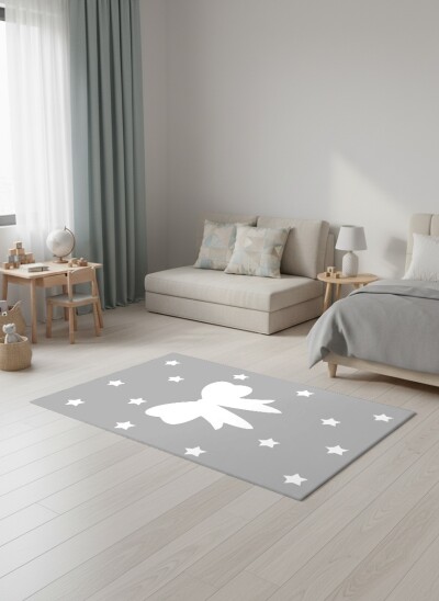 Çocuk Odası Halısı Fiyonk ve Yıldız Desenli Gri – Minimalist Dekoratif Antibakteriyel Oyun Halısı