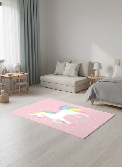 Çocuk Odası Halısı Unicorn Desenli Pembe – Gökkuşağı Yeleli Tek Boynuzlu At Dekoratif Antibakteriyel Oyun Halısı
