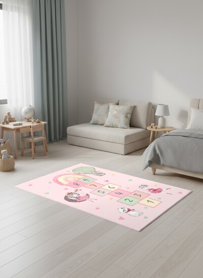 Çocuk Odası Halısı Seksek Gökkuşağı Balerin Pembe – Balerin Temalı Antibakteriyel Oyun Halısı