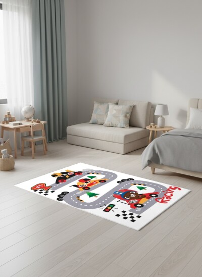 Çocuk Odası Halısı F1 Yarış Pisti Desenli – Sevimli Ayı Pilot Araç Temalı Antibakteriyel Oyun Halısı