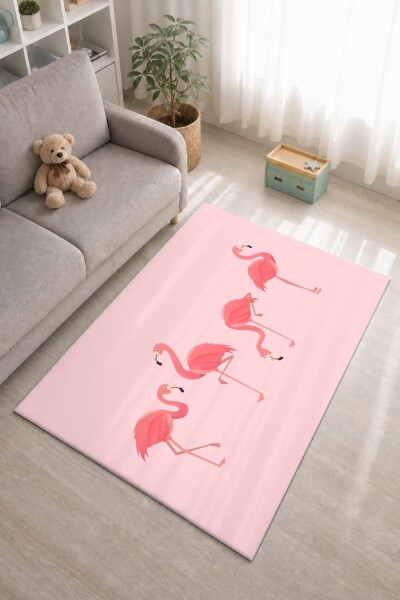 Çocuk Odası Halısı Flamingo Desenli Pembe – Tropikal Kuş Temalı Dekoratif Antibakteriyel Oyun Halısı