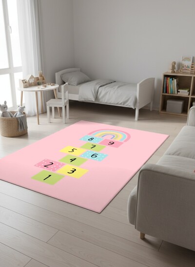 Çocuk Odası Halısı Seksek Oyun Alanı Pembe – Sayılı Pastel Tonlu Eğitici Antibakteriyel Oyun Halısı