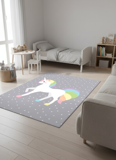 Çocuk Odası Halısı Unicorn Desenli Gri – Gökkuşağı Yeleli Tek Boynuzlu At Dekoratif Antibakteriyel Oyun Halısı