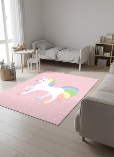 Çocuk Odası Halısı Unicorn Desenli Pembe – Gökkuşağı Yeleli Tek Boynuzlu At Dekoratif Antibakteriyel Oyun Halısı