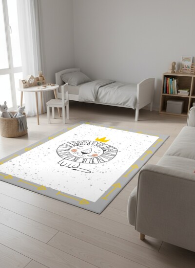 Çocuk Odası Halısı Taçlı Aslan Desenli – Skandinav Sketch Tarzı Dekoratif Antibakteriyel Oyun Halısı