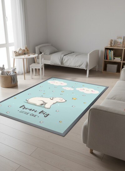 Çocuk Odası Halısı Dream Big Little One Desenli – Kutup Ayısı Gülen Bulut Temalı Antibakteriyel Oyun Halısı