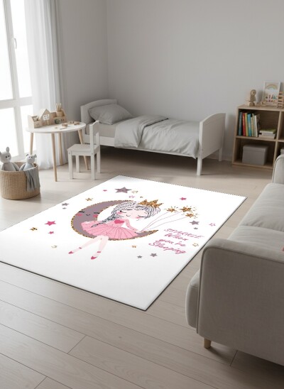 Çocuk Odası Halısı Sparkle Prenses Kız Desenli – Ay Üzerinde Altın Taçlı Dekoratif Antibakteriyel Oyun Halısı