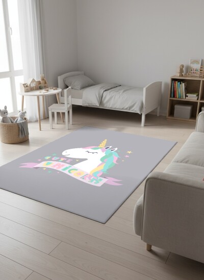 Çocuk Odası Halısı Cute Unicorn Desenli Gri – Pastel Yeleli Tek Boynuzlu At Kurdele Temalı Antibakteriyel Oyun Halısı