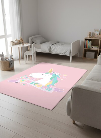 Çocuk Odası Halısı Cute Unicorn Desenli Pembe – Pastel Yeleli Tek Boynuzlu At Kurdele Temalı Antibakteriyel Oyun Halısı