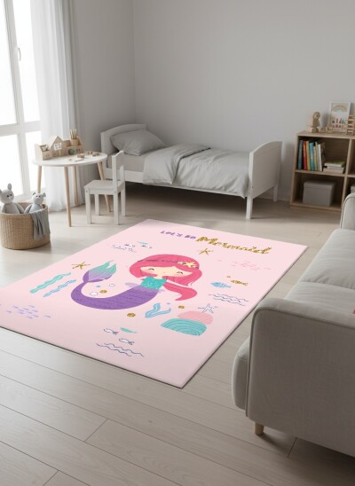 Çocuk Odası Halısı Let's Be Mermaid Desenli Pembe – Denizkızı Deniz Temalı Dekoratif Antibakteriyel Oyun Halısı