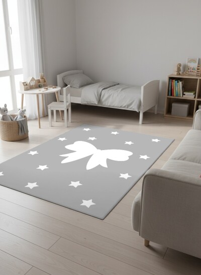 Çocuk Odası Halısı Fiyonk ve Yıldız Desenli Gri – Minimalist Dekoratif Antibakteriyel Oyun Halısı