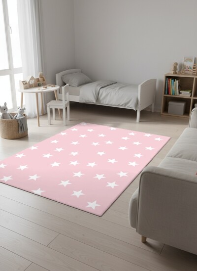 Çocuk Odası Halısı Yıldızlar Desenli Pembe – Minimalist Yıldız Temalı Antibakteriyel Oyun Halısı