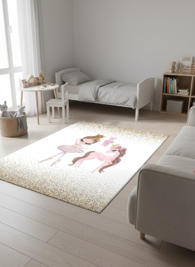 Çocuk Odası Halısı Balerin ve Unicorn Taçlı – Balerin ve Unicorn Temalı Antibakteriyel Oyun Halısı