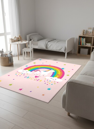 Çocuk Odası Halısı I Love Unicorn Gökkuşağı – Unicorn Temalı Antibakteriyel Oyun Halısı
