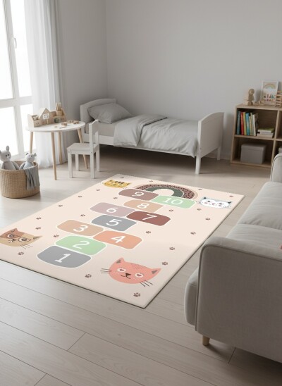 Çocuk Odası Halısı Seksek Kedi ve Gökkuşağı Oyun Alanı – Kedi Temalı Antibakteriyel Oyun Halısı