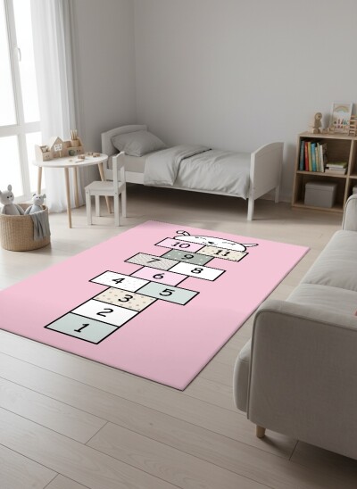 Çocuk Odası Halısı Seksek Sevimli Kedi Oyun Alanı Pembe – Kedi Temalı Antibakteriyel Oyun Halısı