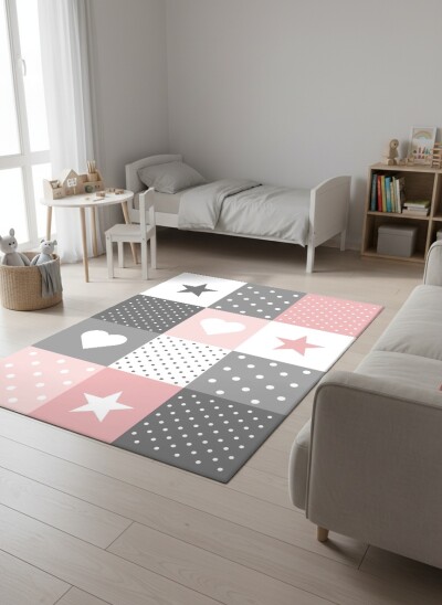 Çocuk Odası Halısı Patchwork Yıldız Kalp Desenli Pembe Gri – Patchwork Temalı Antibakteriyel Oyun Halısı