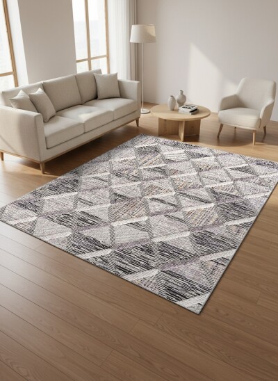 Modern Diyagonal Geometrik Desenli Dekoratif Salon Halısı – Antrasit Gri