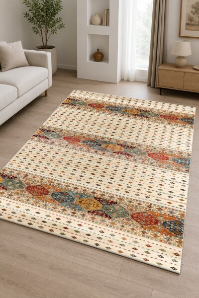 Geleneksel Kilim Şeritli Dekoratif Salon Halısı – Toprak Renk Krem