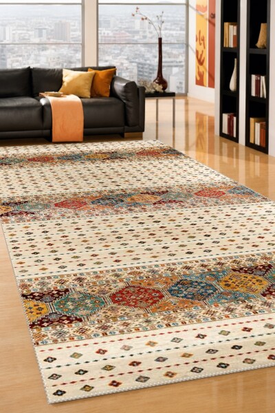 Geleneksel Kilim Şeritli Dekoratif Salon Halısı – Toprak Renk Krem