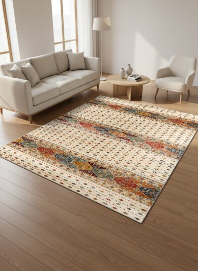 Geleneksel Kilim Şeritli Dekoratif Salon Halısı – Toprak Renk Krem