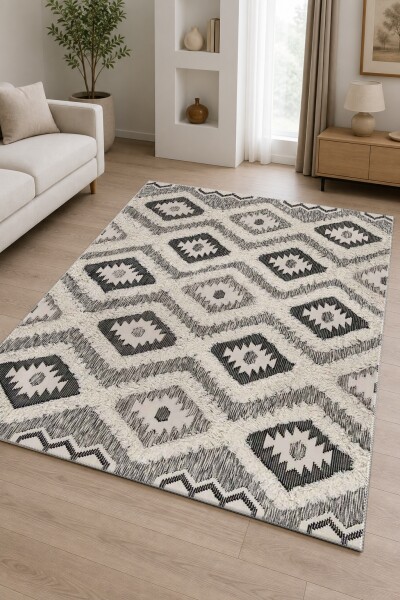 Siyah Beyaz Tribal Kilim Desenli Dekoratif Salon Halısı – Etnik Tüylü Doku