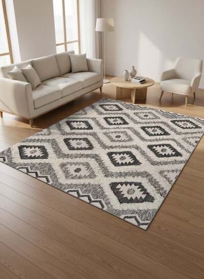 Siyah Beyaz Tribal Kilim Desenli Dekoratif Salon Halısı – Etnik Tüylü Doku