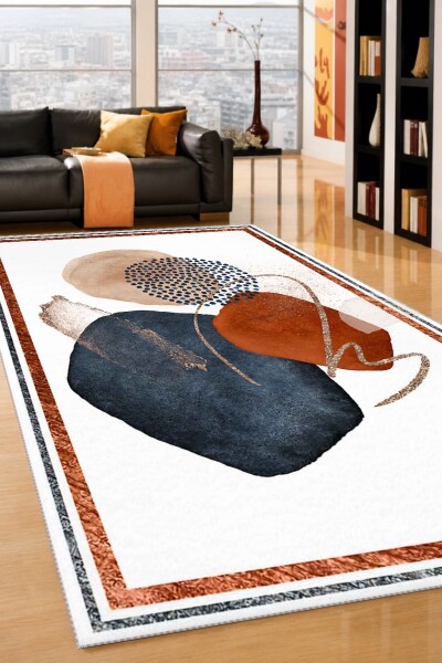 Soyut Suluboya Sanat Baskılı Dekoratif Salon Halısı – Lacivert Terrakota Altın