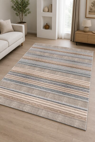 Doğal Renkli Kilim Şeritli Dekoratif Salon Halısı – Bej Gri Kahverengi