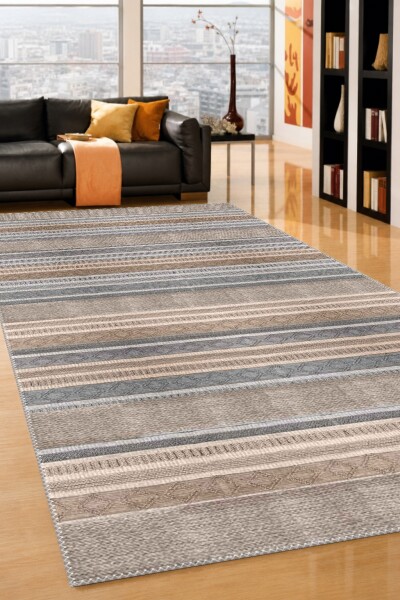 Doğal Renkli Kilim Şeritli Dekoratif Salon Halısı – Bej Gri Kahverengi
