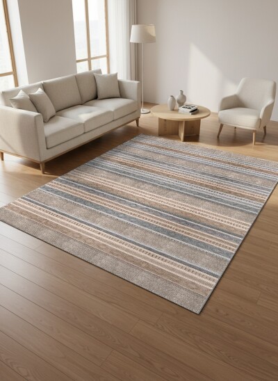 Doğal Renkli Kilim Şeritli Dekoratif Salon Halısı – Bej Gri Kahverengi