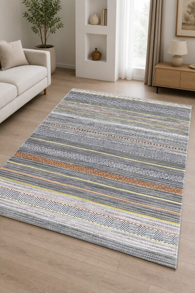Modern Etnik Kilim Şeritli Dekoratif Salon Halısı – Gri Turuncu Sarı