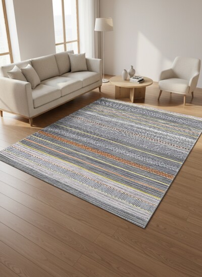 Modern Etnik Kilim Şeritli Dekoratif Salon Halısı – Gri Turuncu Sarı