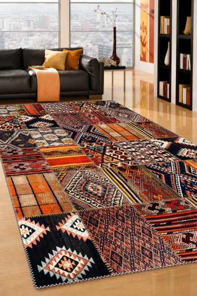 Anadolu Patchwork Kilim Desenli Dekoratif Salon Halısı – Turuncu Kahverengi Etnik
