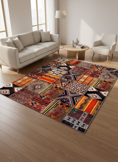 Anadolu Patchwork Kilim Desenli Dekoratif Salon Halısı – Turuncu Kahverengi Etnik