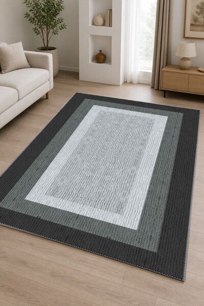 Minimalist Çerçeveli Dekoratif Salon Halısı – Siyah Gri Gradyan Sade