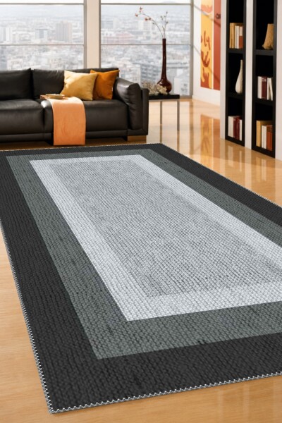 Minimalist Çerçeveli Dekoratif Salon Halısı – Siyah Gri Gradyan Sade