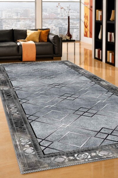 Geometrik Elmas Çiçekli Bordürlü Dekoratif Salon Halısı – Gri Siyah Modern Klasik