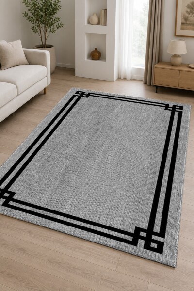 Minimalist Köşe Çerçeveli Dekoratif Salon Halısı – Açık Gri Siyah Bordür Sade