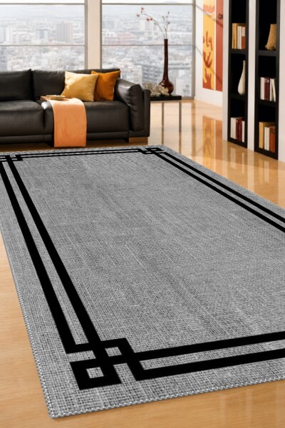 Minimalist Köşe Çerçeveli Dekoratif Salon Halısı – Açık Gri Siyah Bordür Sade