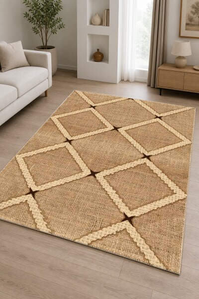 Baklava Elmas Geometrik Tribal Dekoratif Salon Halısı – Krem Kahve
