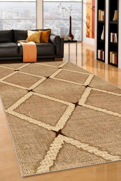 Baklava Elmas Geometrik Tribal Dekoratif Salon Halısı – Krem Kahve