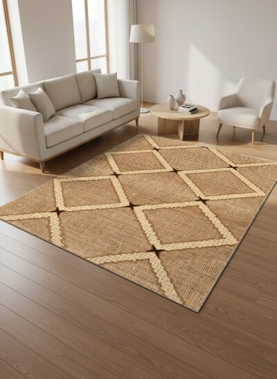 Baklava Elmas Geometrik Tribal Dekoratif Salon Halısı – Krem Kahve