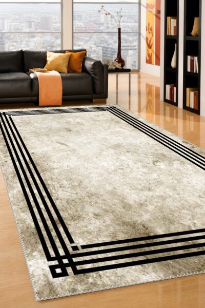 Vintage Beton Görünümlü Çerçeveli Dekoratif Salon Halısı – Krem Gri Siyah