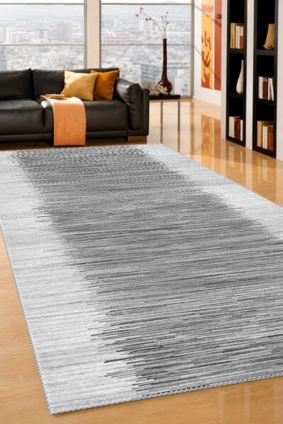 Soyut Dikey Çizgili Minimalist Dekoratif Salon Halısı – Gri Beyaz