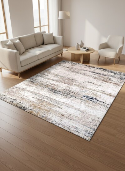 Soyut Ekspresyonist Fırça Darbeli Dekoratif Salon Halısı – Bej Krem Antrasit