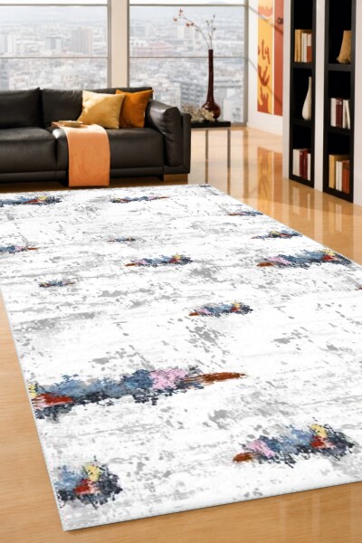 Renkli Boya Lekesi Soyut Sanat Dekoratif Salon Halısı – Çok Renkli Beyaz