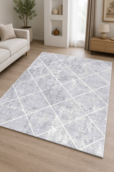 Eskitme Elmas Geometrik Ağ Desenli Dekoratif Salon Halısı – Gri Beyaz