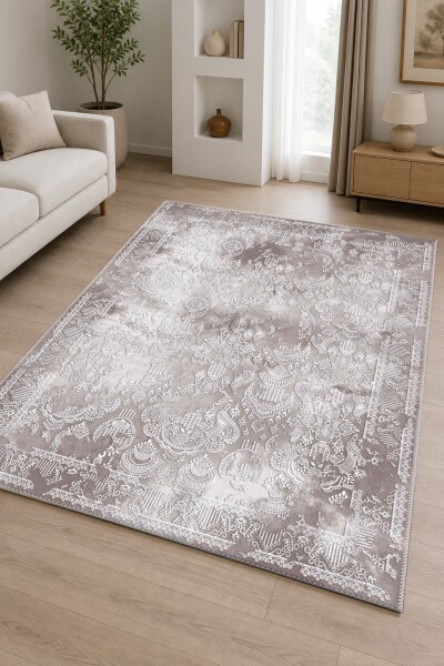 Klasik Osmanlı Damask Eskitme Dekoratif Salon Halısı – Gri Bej Beyaz