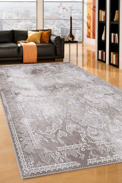 Klasik Osmanlı Damask Eskitme Dekoratif Salon Halısı – Gri Bej Beyaz